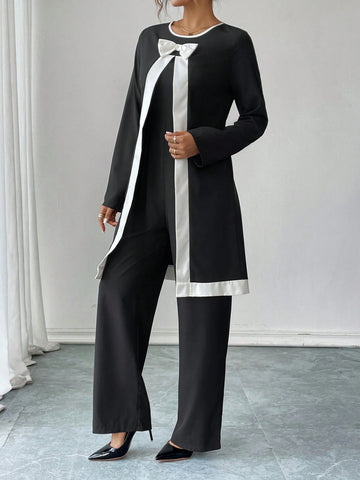 Women's Elegant Contrast Color Crew Neck Long Sleeve Jumpsuit, Autumn/Winter