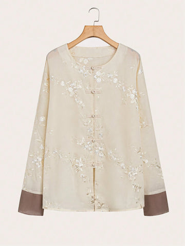 LUNE Women's Elegant Floral Embroidery Button-Down Blouse, Spring And Autumn