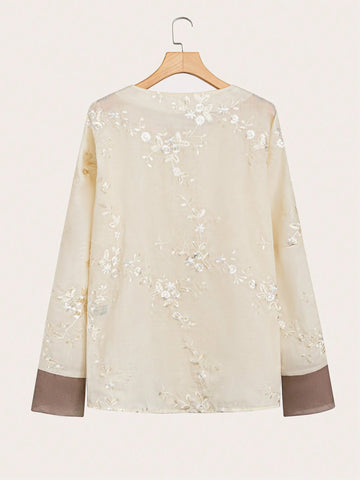 LUNE Women's Elegant Floral Embroidery Button-Down Blouse, Spring And Autumn
