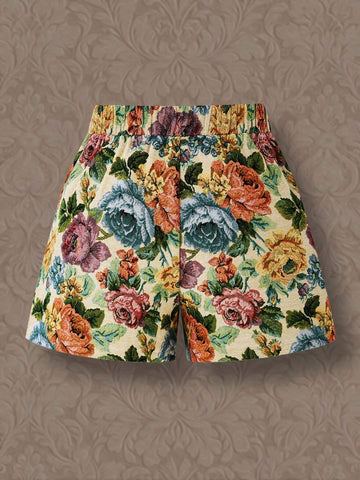 LUNE Women's Elegant Floral Jacquard Shorts, Summer