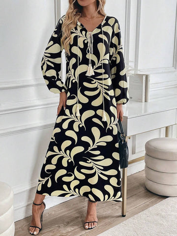 Women's Elegant Floral Print Long Sleeve Dress, Early Autumn, Holiday & Outdoor Wear