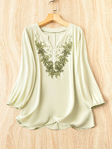 LUNE Women's Elegant Long Sleeve Shirt With Notched Collar And Floral Embroidery, Summer