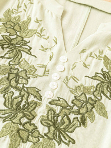 LUNE Women's Elegant Long Sleeve Shirt With Notched Collar And Floral Embroidery, Summer