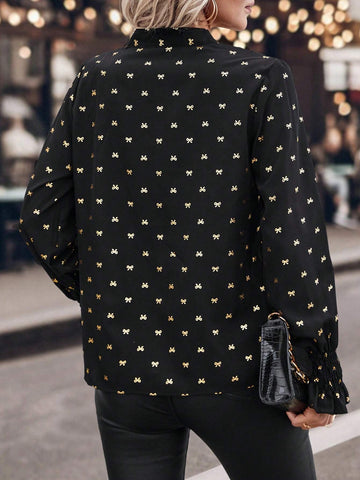 LUNE Women's Elegant Loose Fit V-Neck Blouse With Butterfly Print And Gold Foil Detail, Spring Autumn