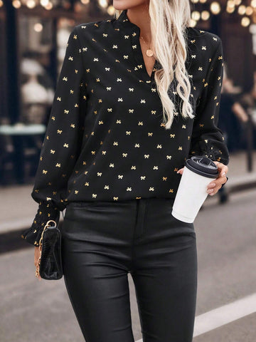 LUNE Women's Elegant Loose Fit V-Neck Blouse With Butterfly Print And Gold Foil Detail, Spring Autumn