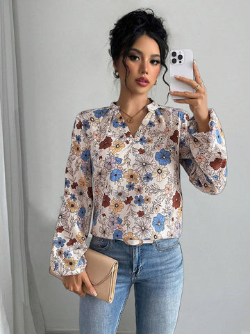 LUNE Women's Elegant Neck-Cutout Allover Floral Print Lantern Sleeve Blouse