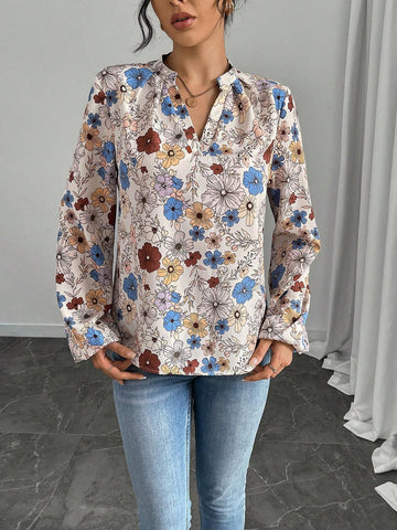 LUNE Women's Elegant Neck-Cutout Allover Floral Print Lantern Sleeve Blouse