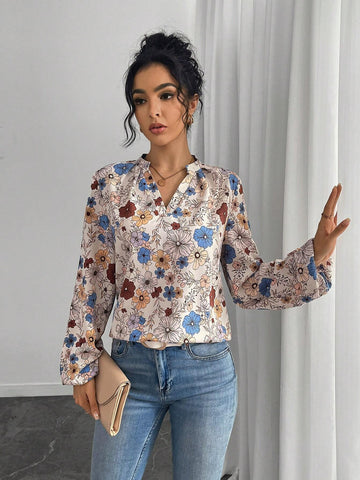 LUNE Women's Elegant Neck-Cutout Allover Floral Print Lantern Sleeve Blouse