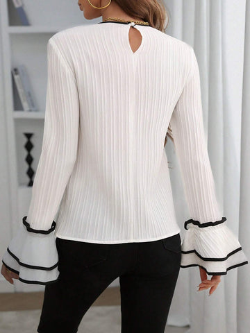 LUNE Women's Elegant Office Wear Ruffle Cuff Round Neck Blouse