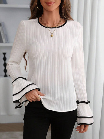 LUNE Women's Elegant Office Wear Ruffle Cuff Round Neck Blouse