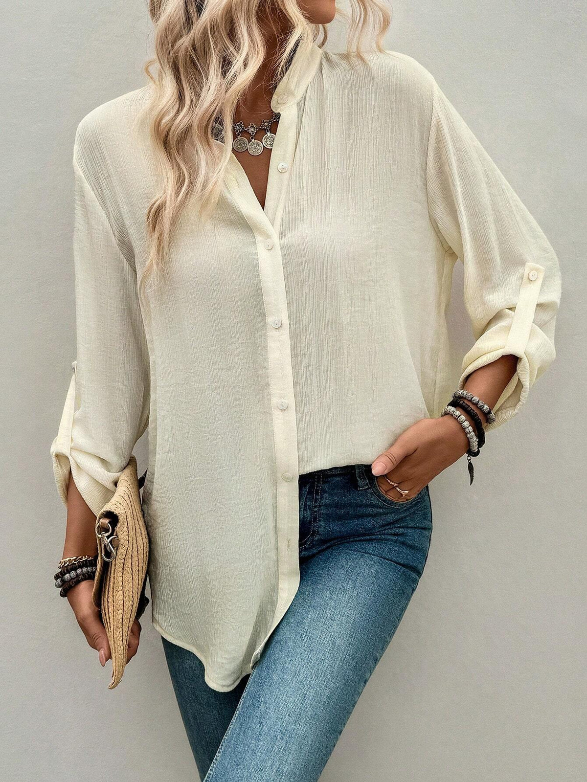 LUNE Women's Elegant Textured Fabric Long Sleeve Shirt