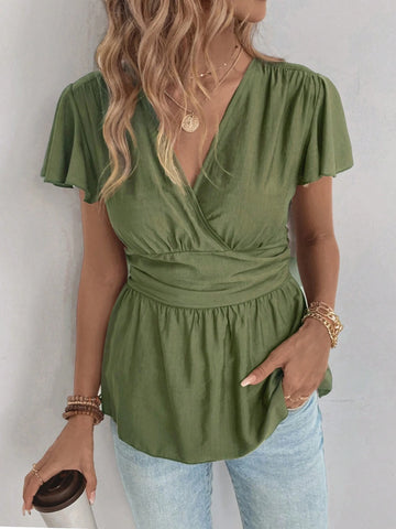 LUNE Women's Elegant Umbrella Sleeves Crisscross Collar Cross Shirred Pleated Blouse