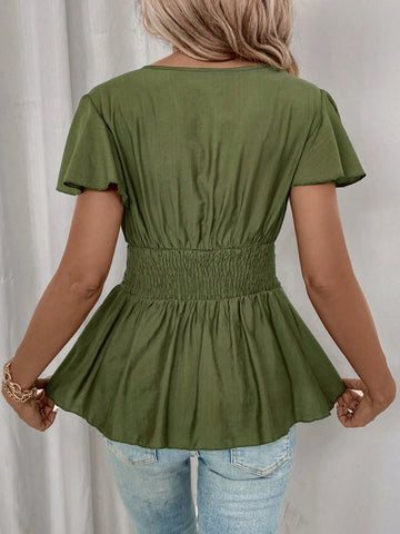 LUNE Women's Elegant Umbrella Sleeves Crisscross Collar Cross Shirred Pleated Blouse