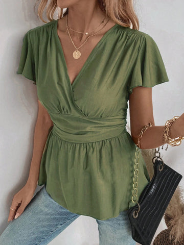 LUNE Women's Elegant Umbrella Sleeves Crisscross Collar Cross Shirred Pleated Blouse