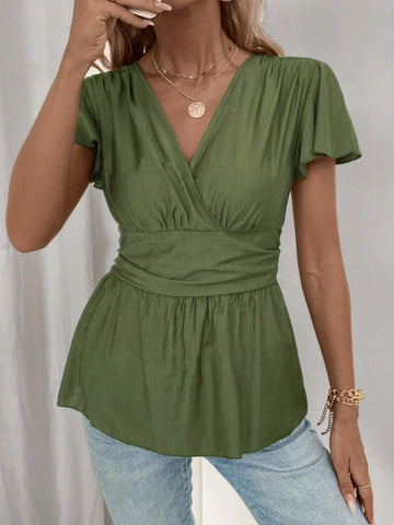 LUNE Women's Elegant Umbrella Sleeves Crisscross Collar Cross Shirred Pleated Blouse