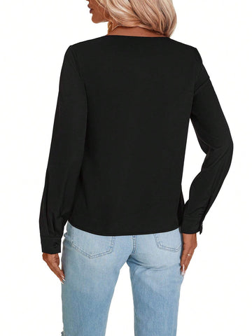 LUNE Women's Elegant V-Neck Long Sleeve Solid Color Loose Casual Blouse