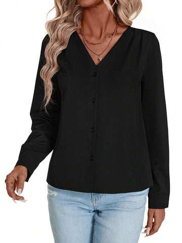 LUNE Women's Elegant V-Neck Long Sleeve Solid Color Loose Casual Blouse
