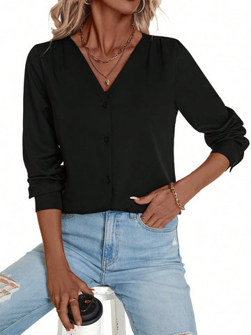 LUNE Women's Elegant V-Neck Long Sleeve Solid Color Loose Casual Blouse