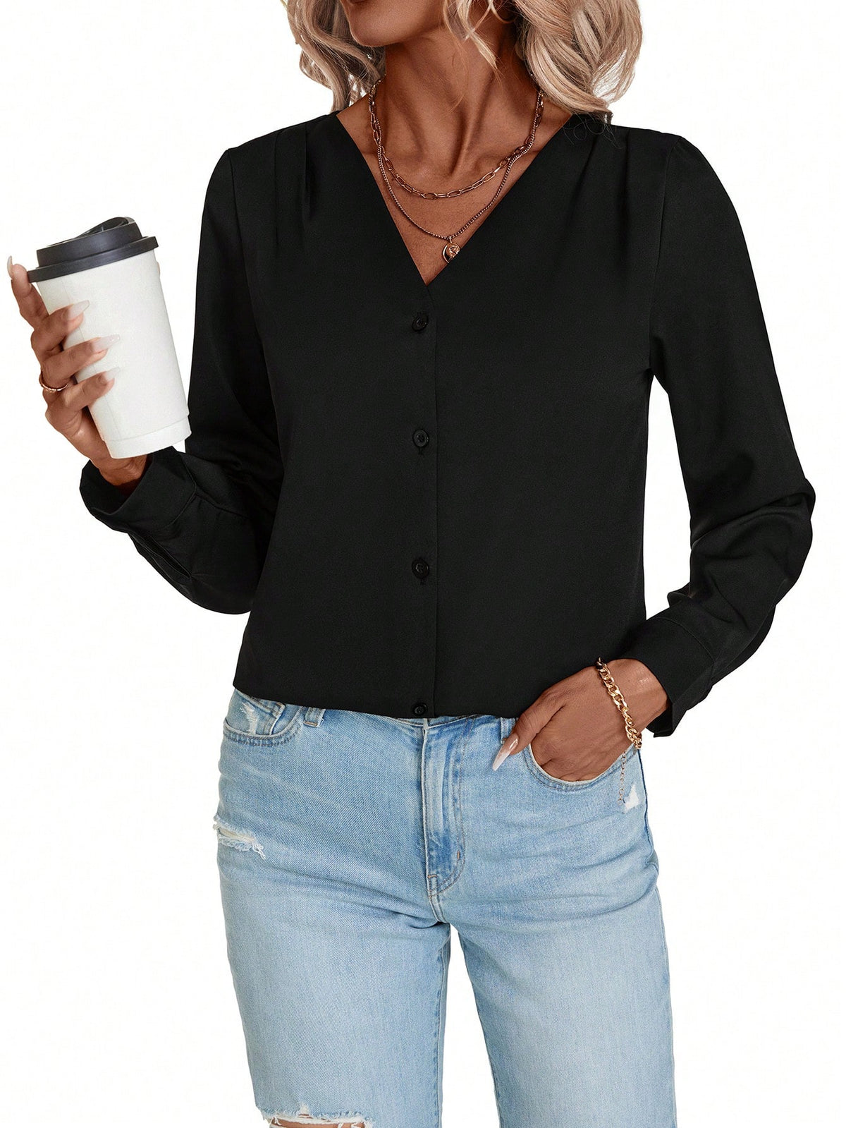 LUNE Women's Elegant V-Neck Long Sleeve Solid Color Loose Casual Blouse