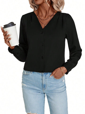 LUNE Women's Elegant V-Neck Long Sleeve Solid Color Loose Casual Blouse