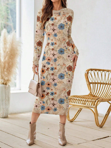 Women's Elegant Vintage Ditsy Ditsy Floral Round Neck Skinny Long Sleeve Dress