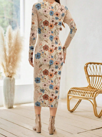 Women's Elegant Vintage Ditsy Ditsy Floral Round Neck Skinny Long Sleeve Dress