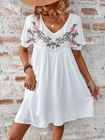 Women's Embroidery Trim V-Neckline Batwing Sleeve Tassel Drawstring Tunic Dress With Floral Vine Pa