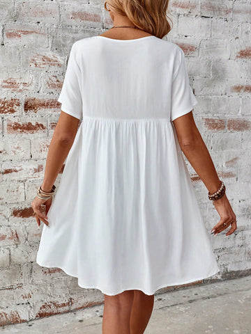 Women's Embroidery Trim V-Neckline Batwing Sleeve Tassel Drawstring Tunic Dress With Floral Vine Pa