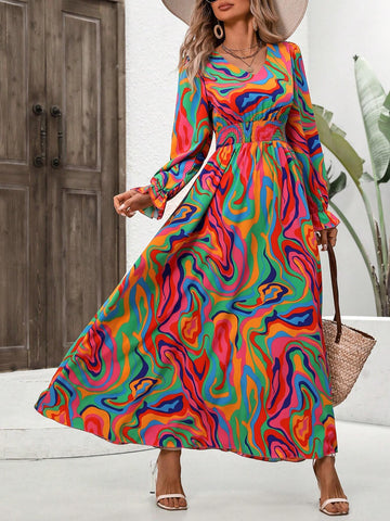 Women's Exaggerated Colorful Wavy Print Long Sleeve Dress