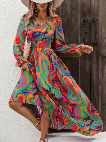 Women's Exaggerated Colorful Wavy Print Long Sleeve Dress