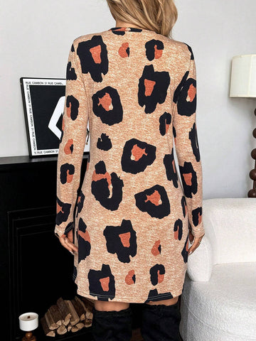 Women's Fashion Leopard Print Asymmetric Hemline Twist Knot Designed Long Sleeve Basic Classic