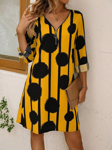 Women's Fashion Striped & Polka Dot Printed Dress