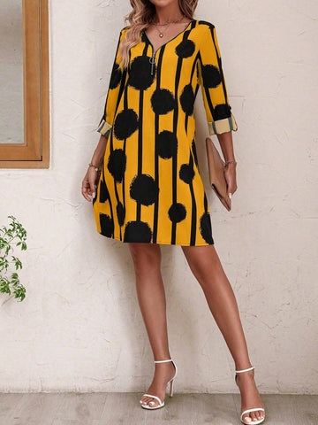 Women's Fashion Striped & Polka Dot Printed Dress