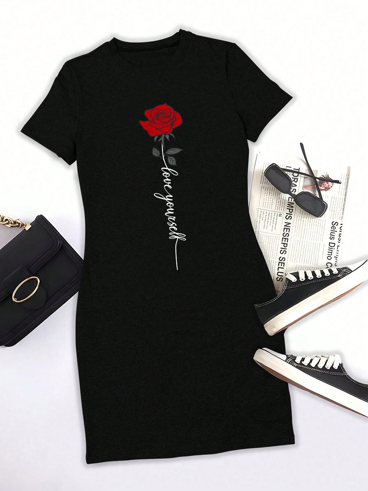 Women's Fashion Valentine's Day Rose Slogan Print Dress