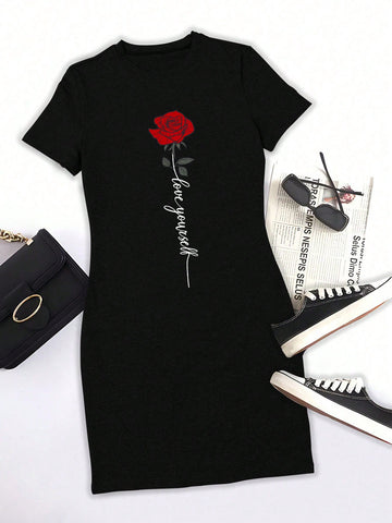 Women's Fashion Valentine's Day Rose Slogan Print Dress