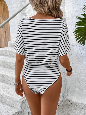 Women's Fashionable Black & White Stripe Short Sleeve Bodysuit