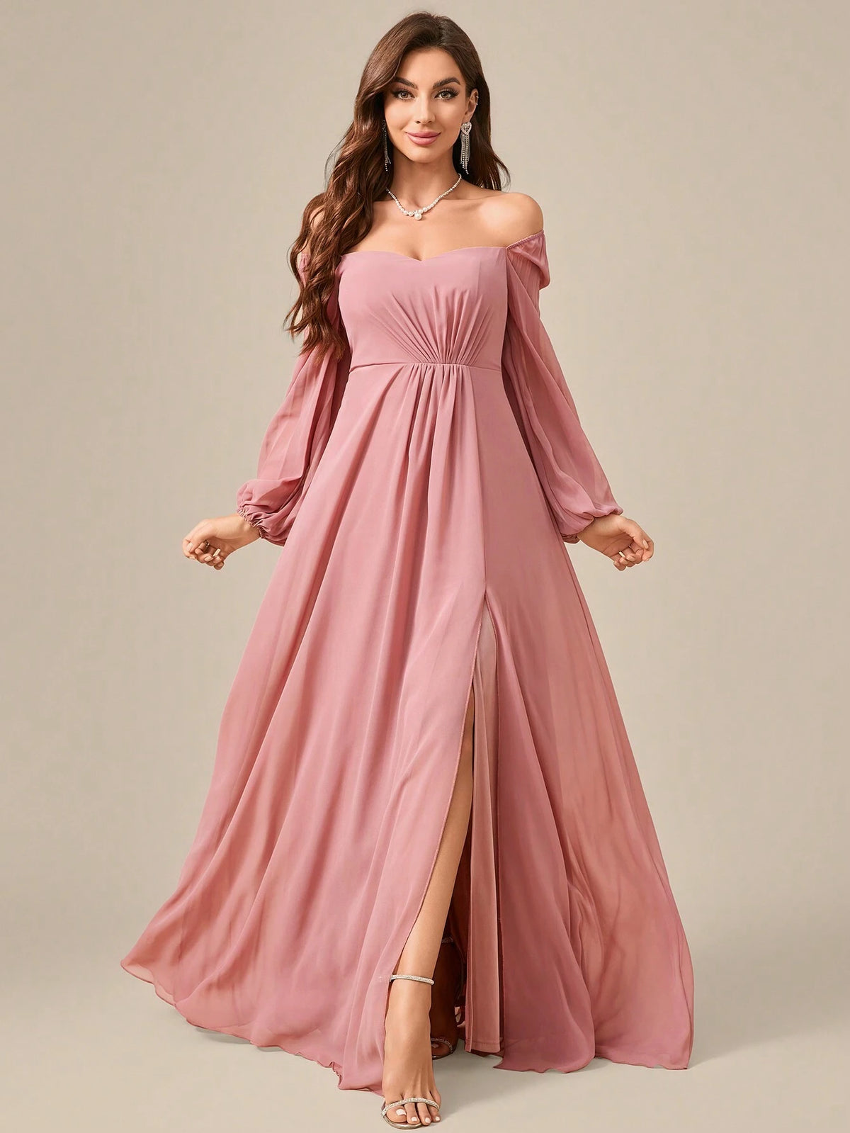 Women's Fashionable Chiffon Pleated Long Sleeve Dress With High Side Slit