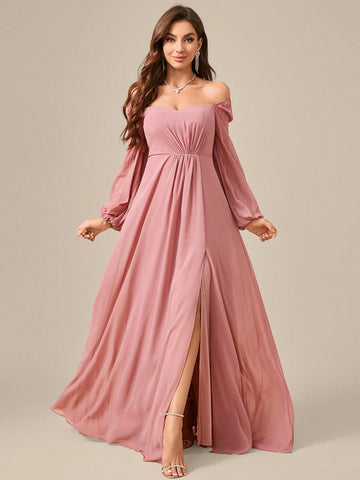 Women's Fashionable Chiffon Pleated Long Sleeve Dress With High Side Slit