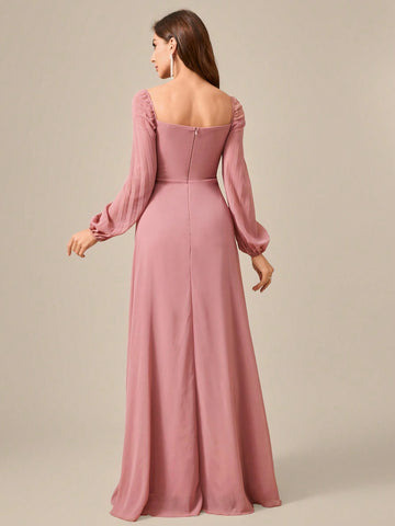 Women's Fashionable Chiffon Pleated Long Sleeve Dress With High Side Slit