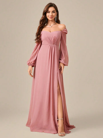 Women's Fashionable Chiffon Pleated Long Sleeve Dress With High Side Slit