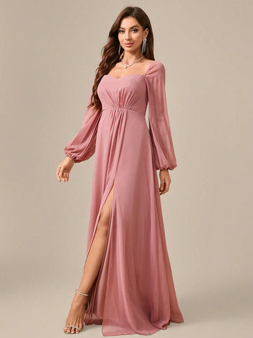 Women's Fashionable Chiffon Pleated Long Sleeve Dress With High Side Slit