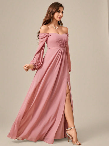 Women's Fashionable Chiffon Pleated Long Sleeve Dress With High Side Slit