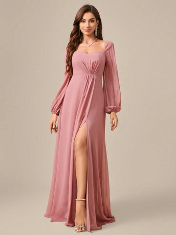 Women's Fashionable Chiffon Pleated Long Sleeve Dress With High Side Slit