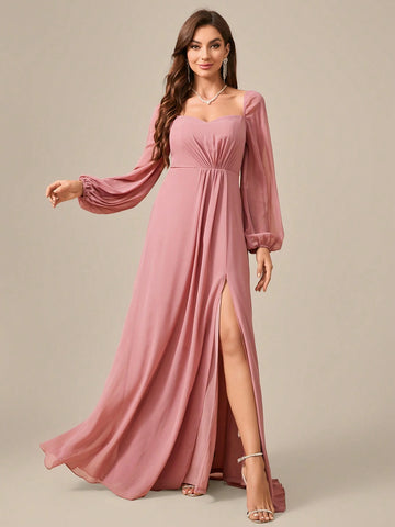 Women's Fashionable Chiffon Pleated Long Sleeve Dress With High Side Slit