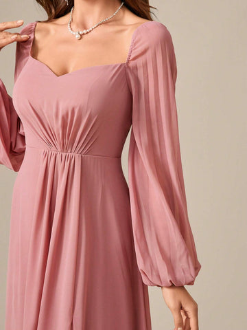 Women's Fashionable Chiffon Pleated Long Sleeve Dress With High Side Slit