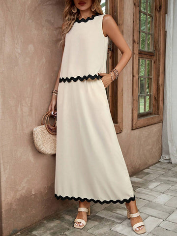 Women's Fashionable Color Block Sleeveless Top & Skirt Set With Wavy Hemline