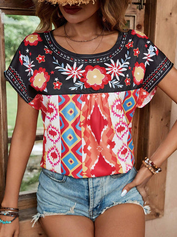 LUNE Women's Fashionable Floral Striped Printed Vacation Shirt