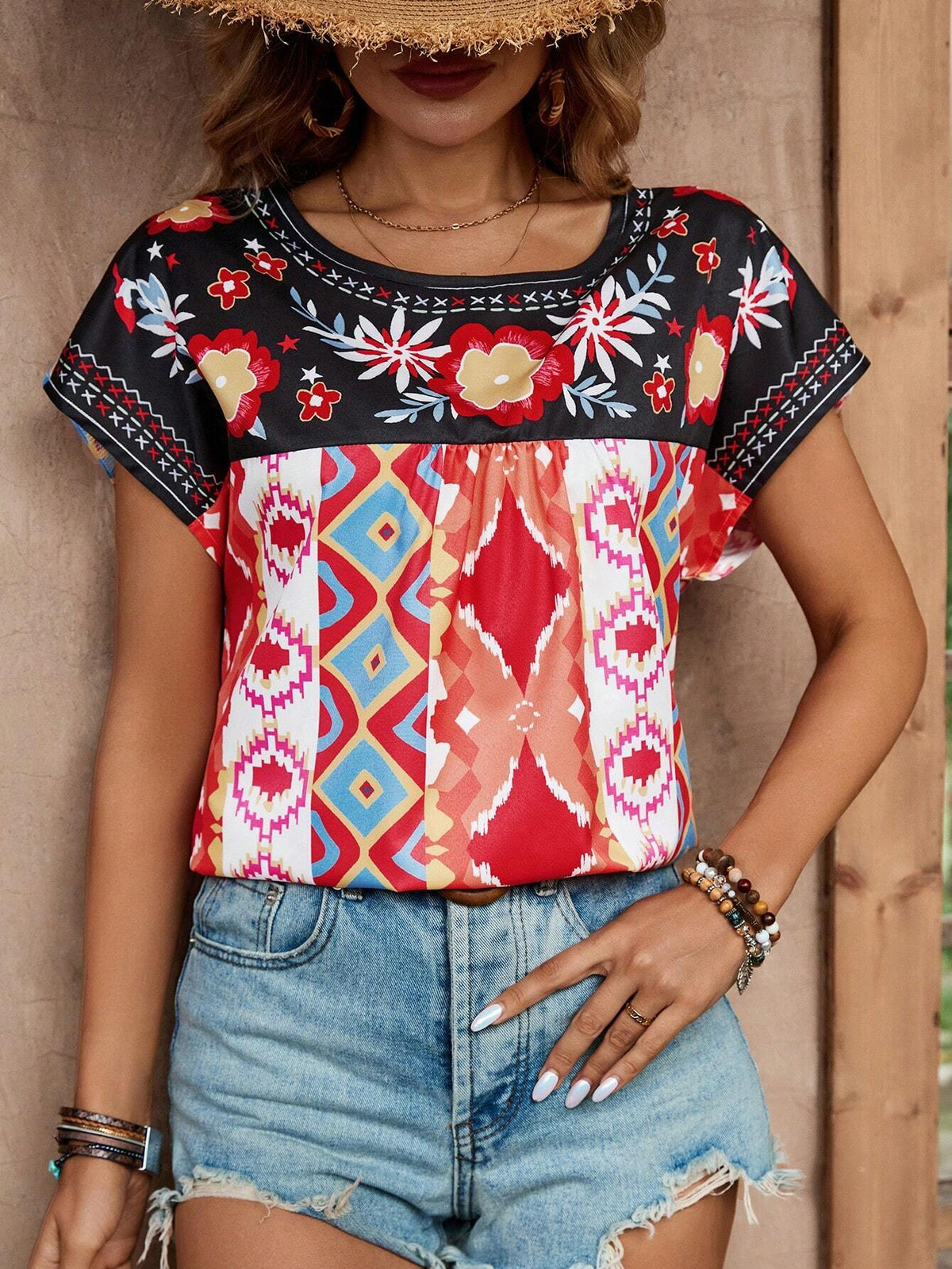 LUNE Women's Fashionable Floral Striped Printed Vacation Shirt