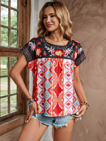 LUNE Women's Fashionable Floral Striped Printed Vacation Shirt