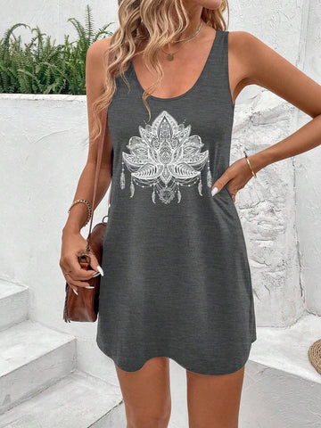 Women's Fashionable Floral & Feather Patterned Sleeveless Dress, Suitable For Summer